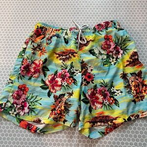 George Tropical Floral Swim Shorts - Aqua & Yellow Beach Summer.   Size L(36-38)